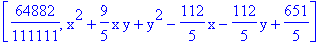 [64882/111111, x^2+9/5*x*y+y^2-112/5*x-112/5*y+651/5]